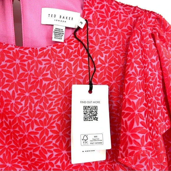 Ted Baker London Geometric Floral Print Puff Sleeves Midi Dress Size 8 US - Picture 5 of 11